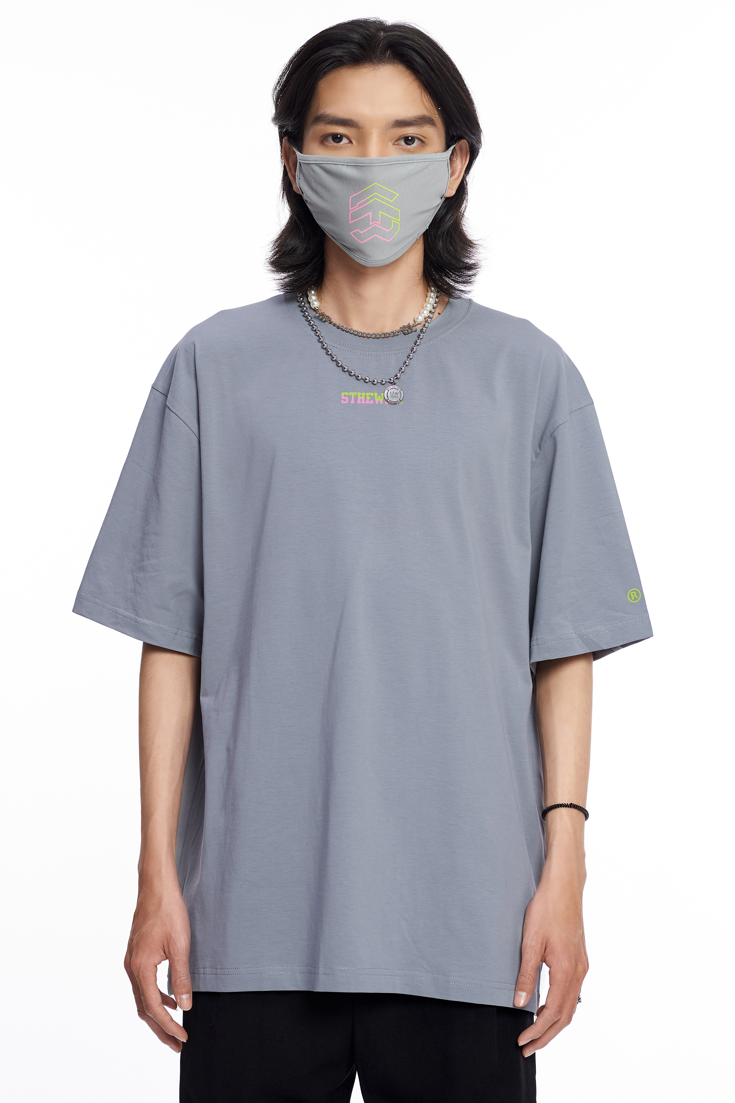 5THEWAY /two-tone line/ BIG LOGO MASK in NEUTRAL GRAY aka Khẩu Trang Xám