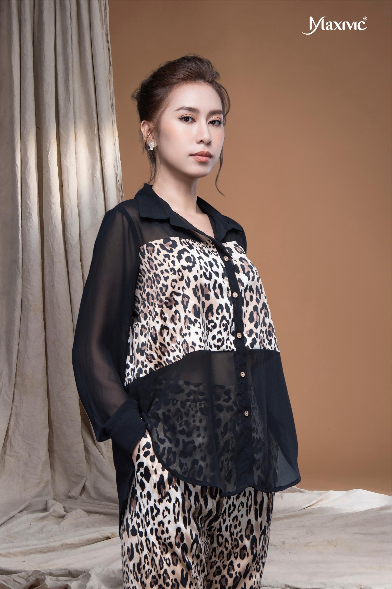 Áo sơ mi chiffon đen phối beo lụa cát LM112432 [BST Da Beo