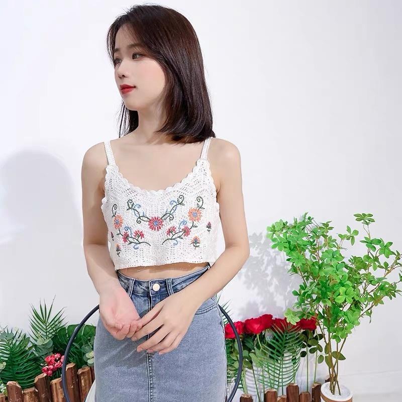 MS574 Áo hai dây đan móc đi biển thêu hoa, mix váy áo