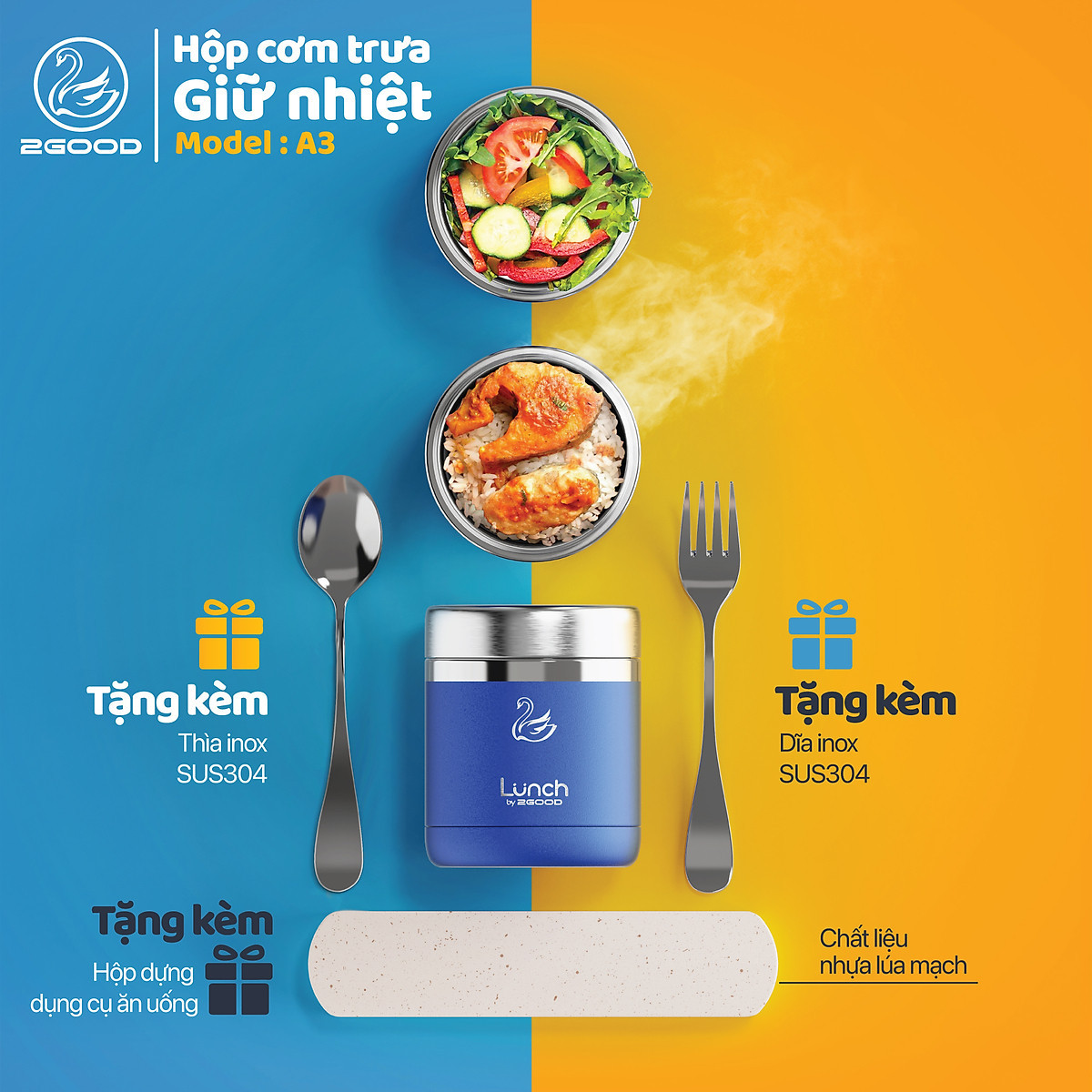 Bộ 3 hộp cơm trưa giữ nhiệt 2Good A3 - 1140ml - Tặng kèm muỗng nĩa