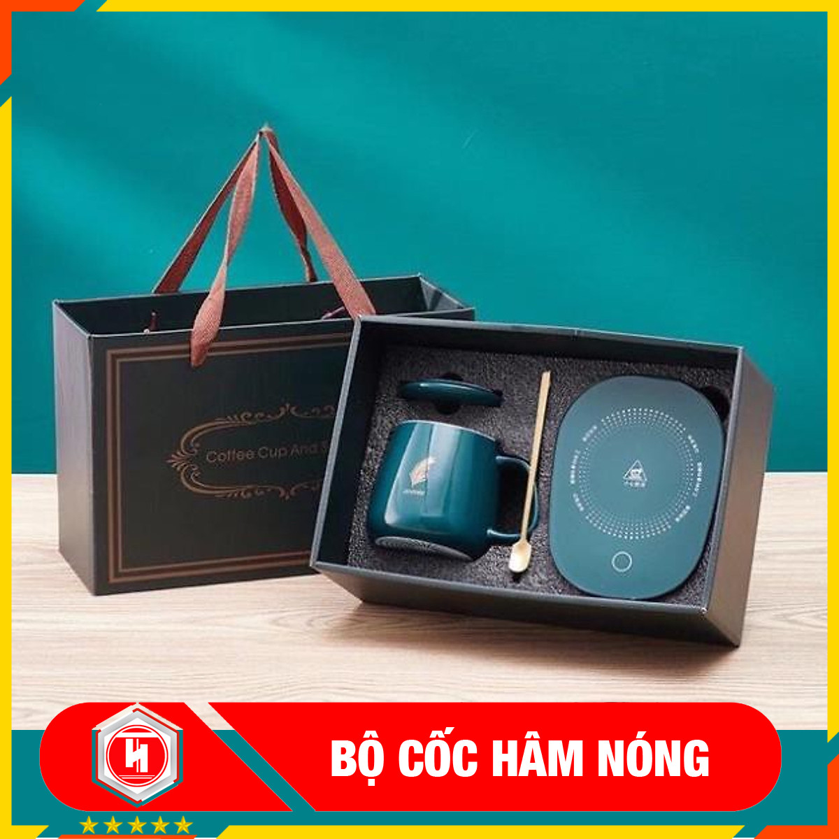 Bộ cốc hâm nóng cafe - HT SYS - Chất liệu gốm sứ - Màu xanh - Họa tiết ngẫu nhiên