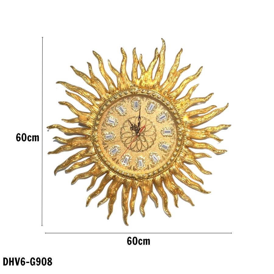 Đồng hồ treo tường tạo hình mặt trời DHV6-G908 chất liệu đồng mạ vàng cao cấp và sang trọng.