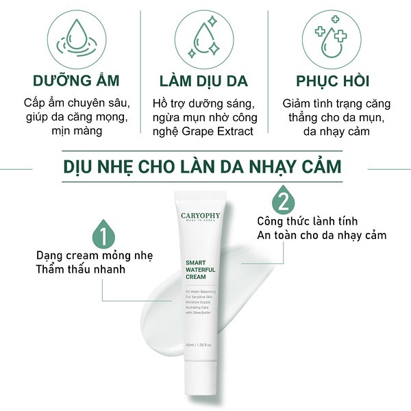 Kem dưỡng cấp nước và phục hồi da mụn Caryophy Smart Waterful Cream 40ml