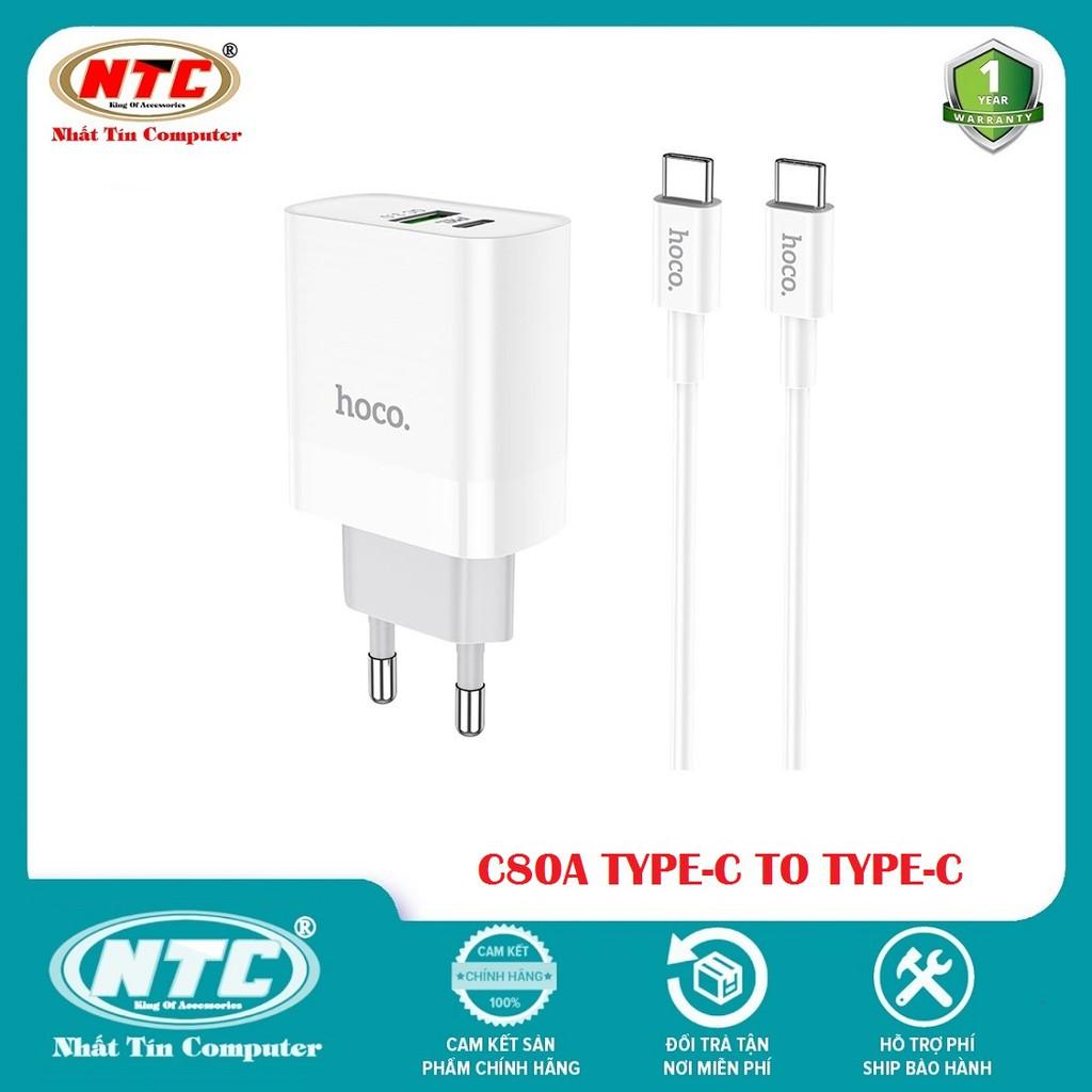 Bộ Cốc sạc 2 cổng USB và PD kèm Cáp sạc Type-C to Type-C dành cho Hoco C80A QC3.0 và PD20W (Trắng) - Hàng Chính Hãng