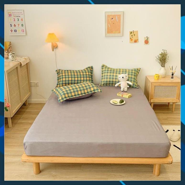 Bộ chăn ga Cotton Poly kẻ xanh vàng, vỏ chăn mền, drap giường và 2 vỏ gối
