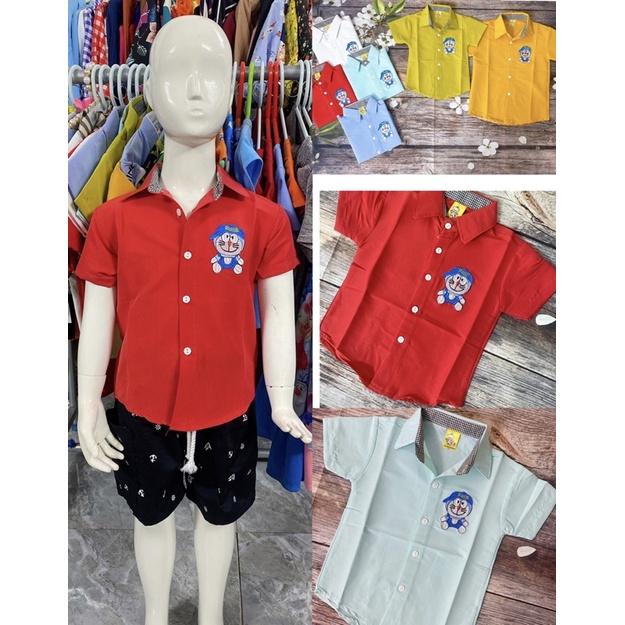 Áo Sơ Mi Bé Trai Size 10Kg-22Kg, 1-7 Tuổi Thêu Hình Đoraemon, Áo Tay Ngắn Chất Đẹp