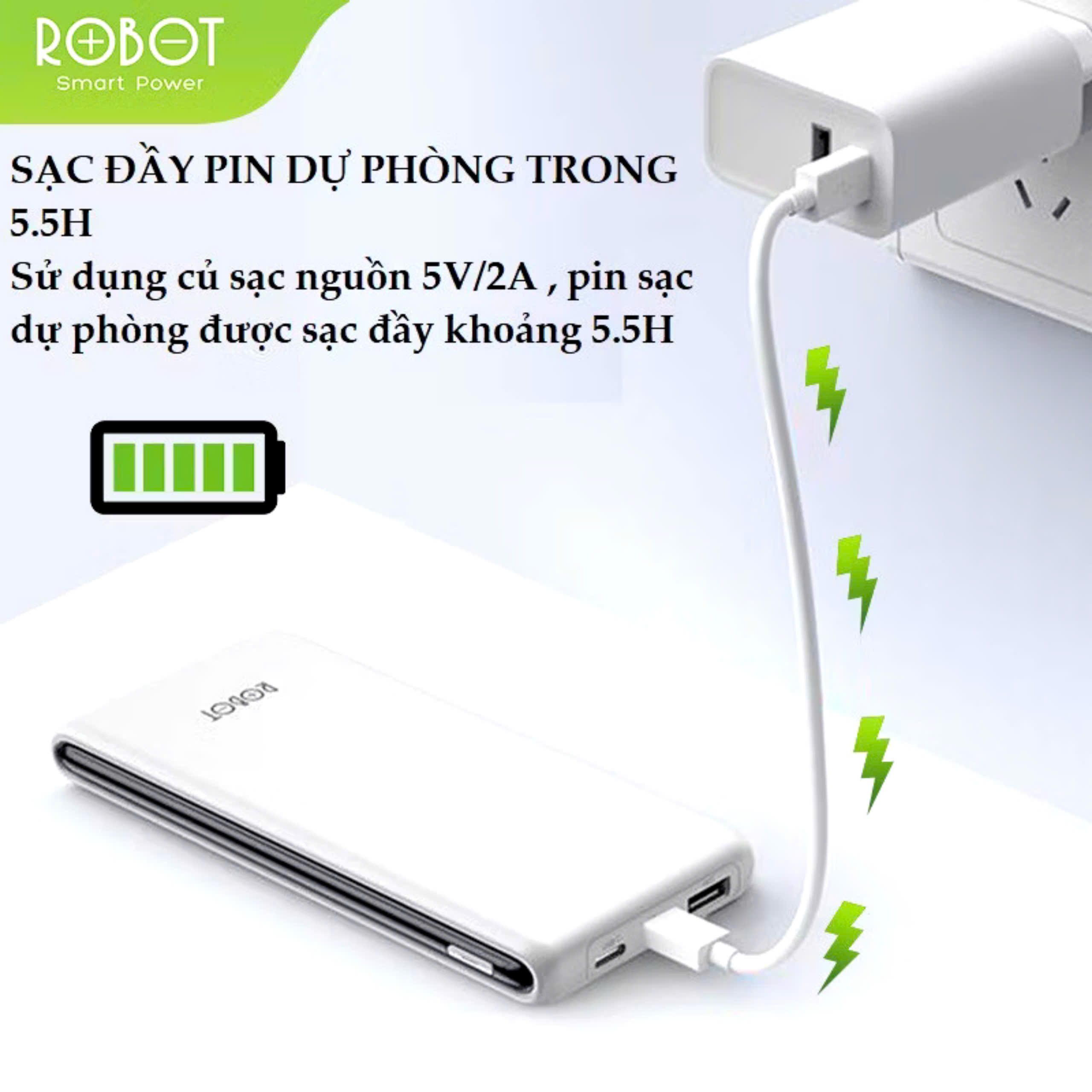 Pin Sạc Dự Phòng 10000mAh ROBOT RT180 RT12 Có 2 Cổng Sạc Ra USB &amp; 2 Cổng Sạc Vào Micro/Type-C, hàng nhập khẩu