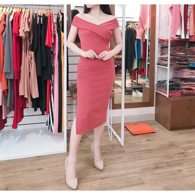F617 Đầm ôm body bẹt vai chéo form dài xẻ tà