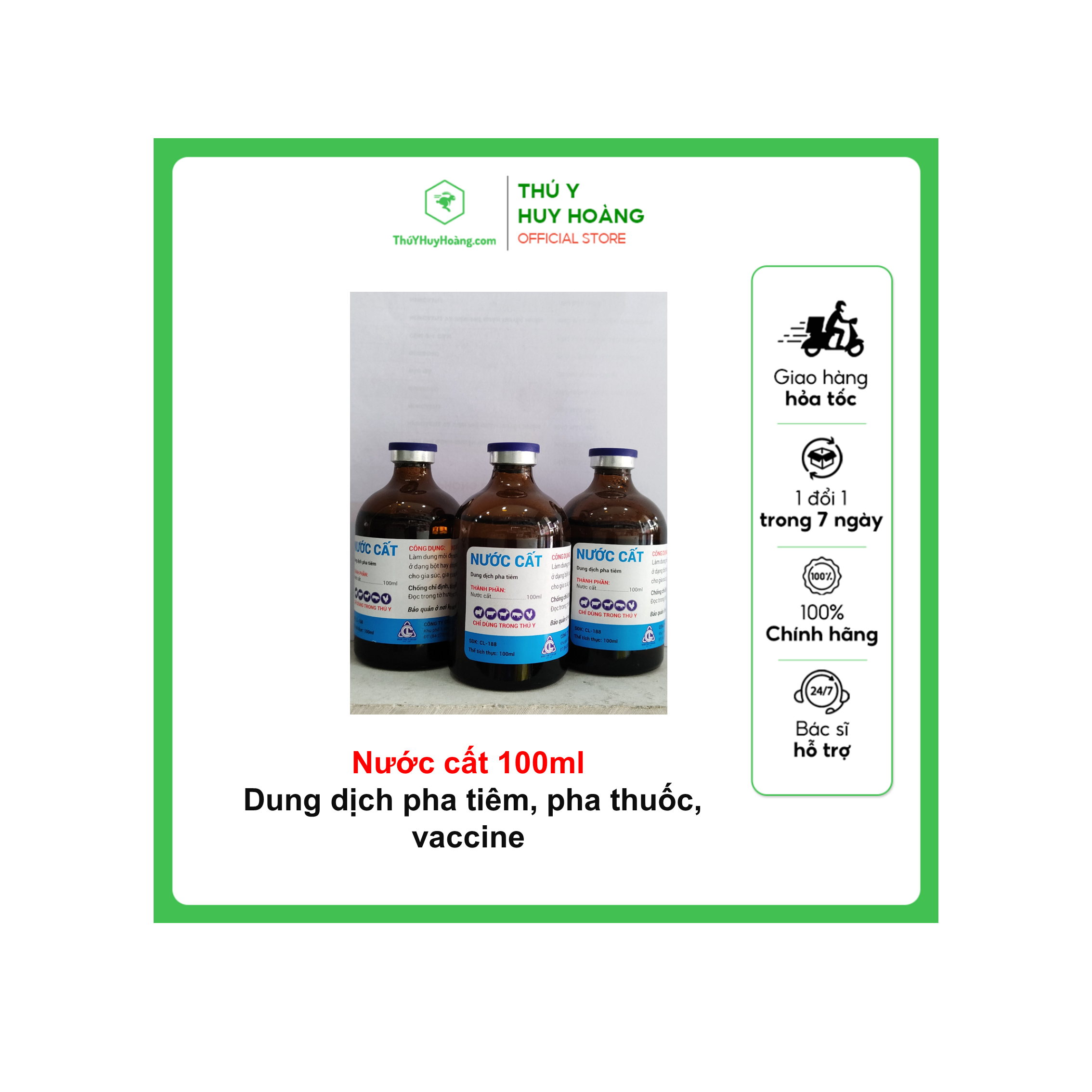 Dung dịch pha tiêm Nước cất Dùng làm dung môi để hòa tan các loại thuốc tiêm đóng ở dạng bột, vaccin hay pha loãng một số thuốc tiêm khác dùng cho gia súc, gia cầm.