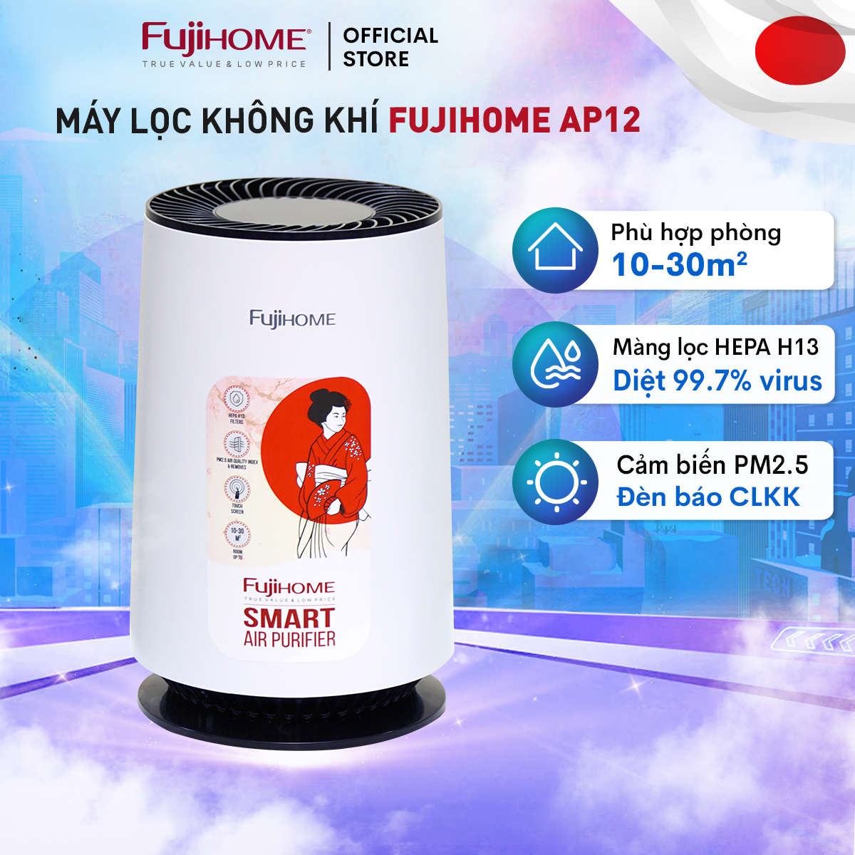 Máy Lọc Không Khí Nhập Khẩu Fujihome Ap12, Lọc Bụi Mịn Pm2.5 Khử Mùi Diệt Virut Vi Khuẩn - Hàng Chính Hãng
