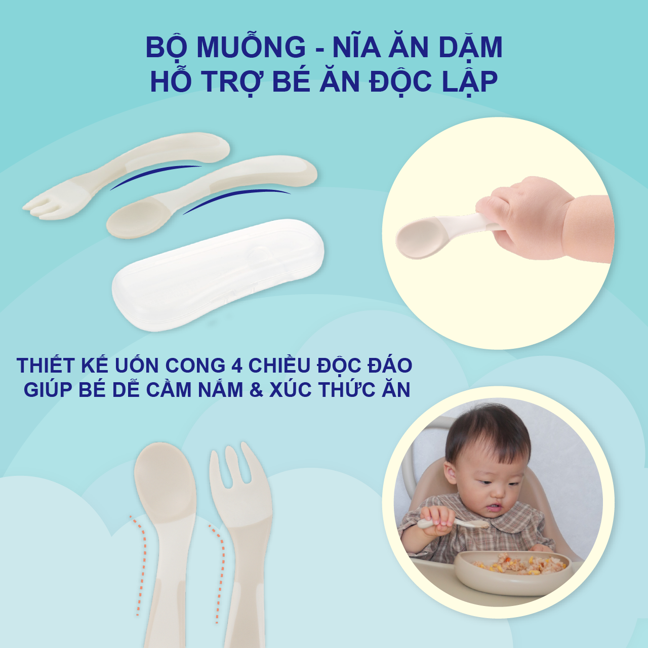 Bộ muỗng nĩa cong RICHELL TLI cho bé tự xúc có hộp đựng  | Baby
