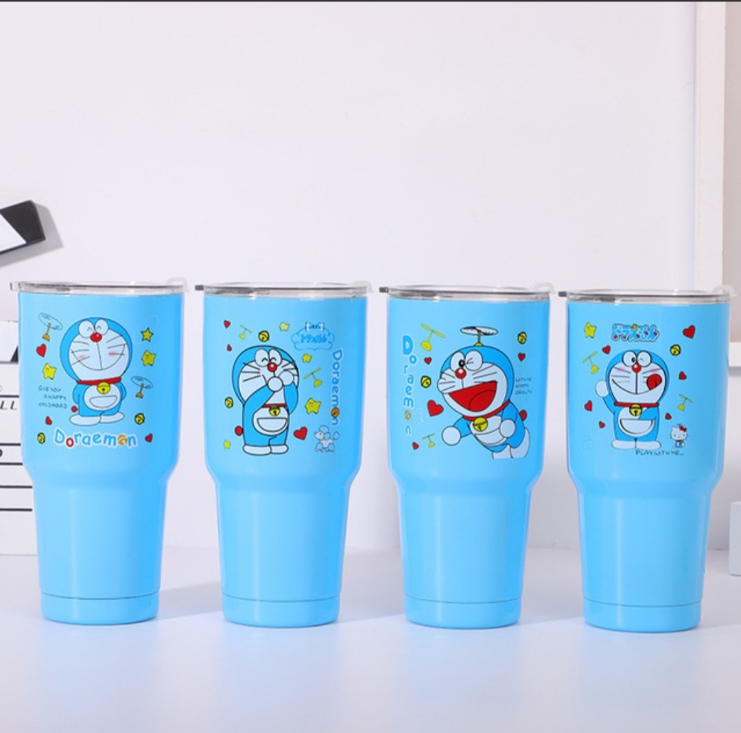 Ly giữ nhiệt Thái Lan 900ml , hình doremon màu xanh ,kèm ống hút, túi đeo, cọ rửa