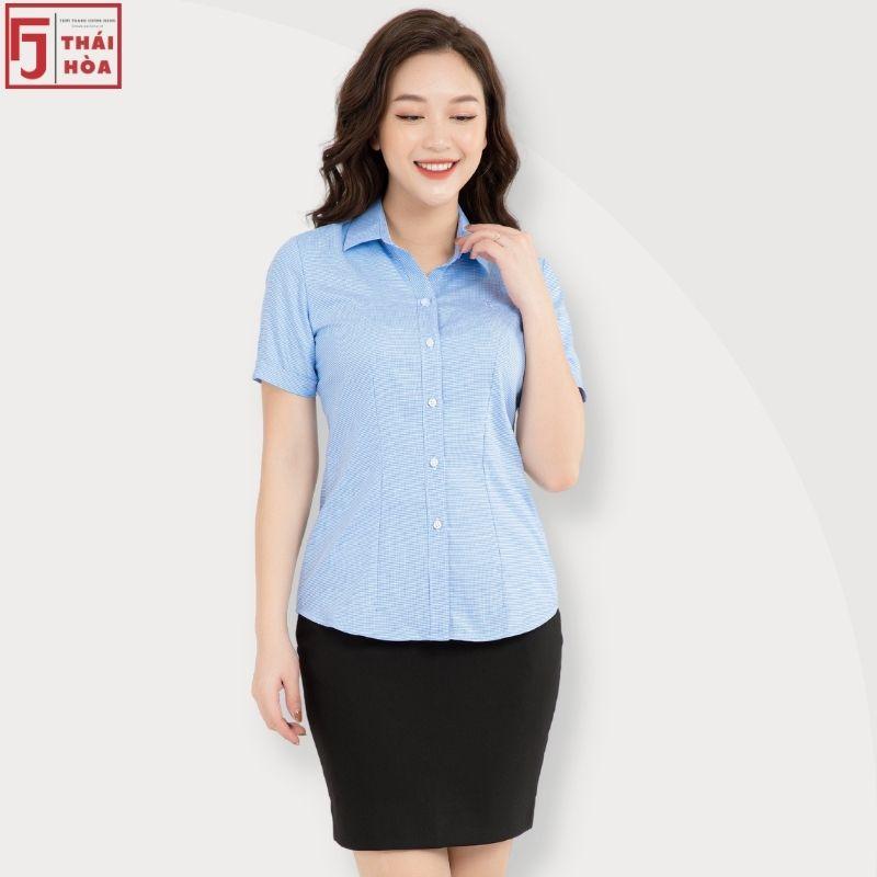 Áo sơ mi nữ Thái Hoà caro nhuyễn kiểu công sở đẹp cotton màu xanh dương đậm 65-15-01