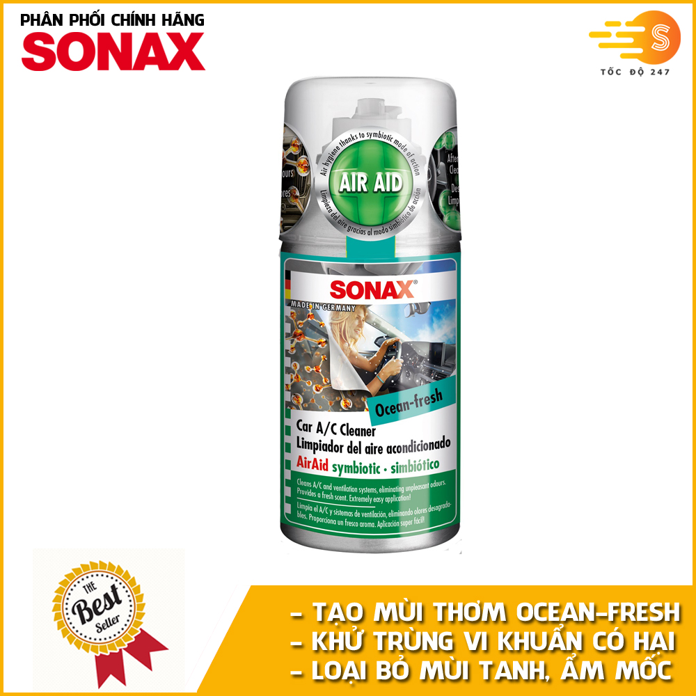 Chai xịt khử mùi và khử trùng máy lạnh mùi Ocean-Fresh Sonax 323600 100ml - làm sạch bầu không khí trong xe, bảo vệ sức khỏe, loại bỏ vi khuẩn gây hại