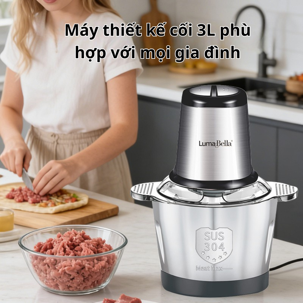 Máy xay thịt cối INOX304 Lumabella LB-56002 dung tích lớn 3L, công suất cao 800W, 4 lưỡi đa năng xay nhuyễn thịt cá nhanh chóng - DELIYA - HÀNG CHÍNH HÃNG