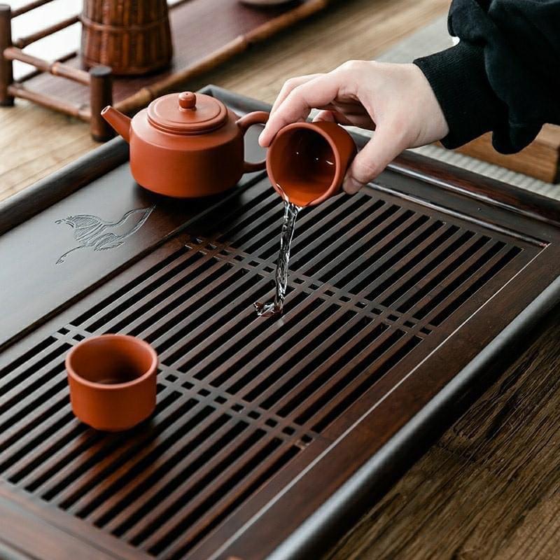 Khay trà trúc kiểu Nhật siêu bền 50x34cm có sẵn gác chén và khay chứa nước thừa