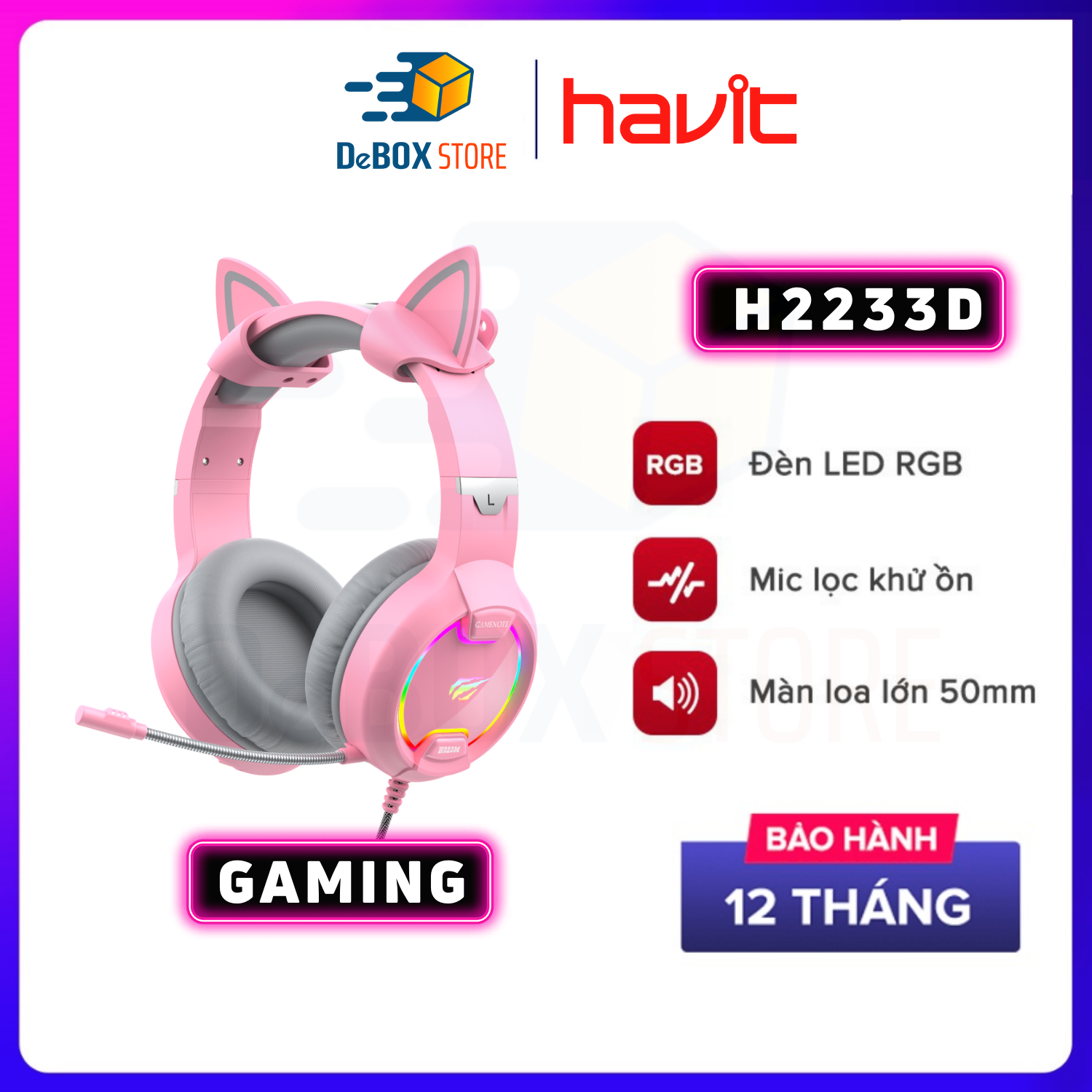 Tai Nghe Gaming Mèo HAVIT H2233D, Màu Pink Taboo, Driver 50mm, Đèn RGB, Mic Khử Ồn - Hàng Chính Hãng