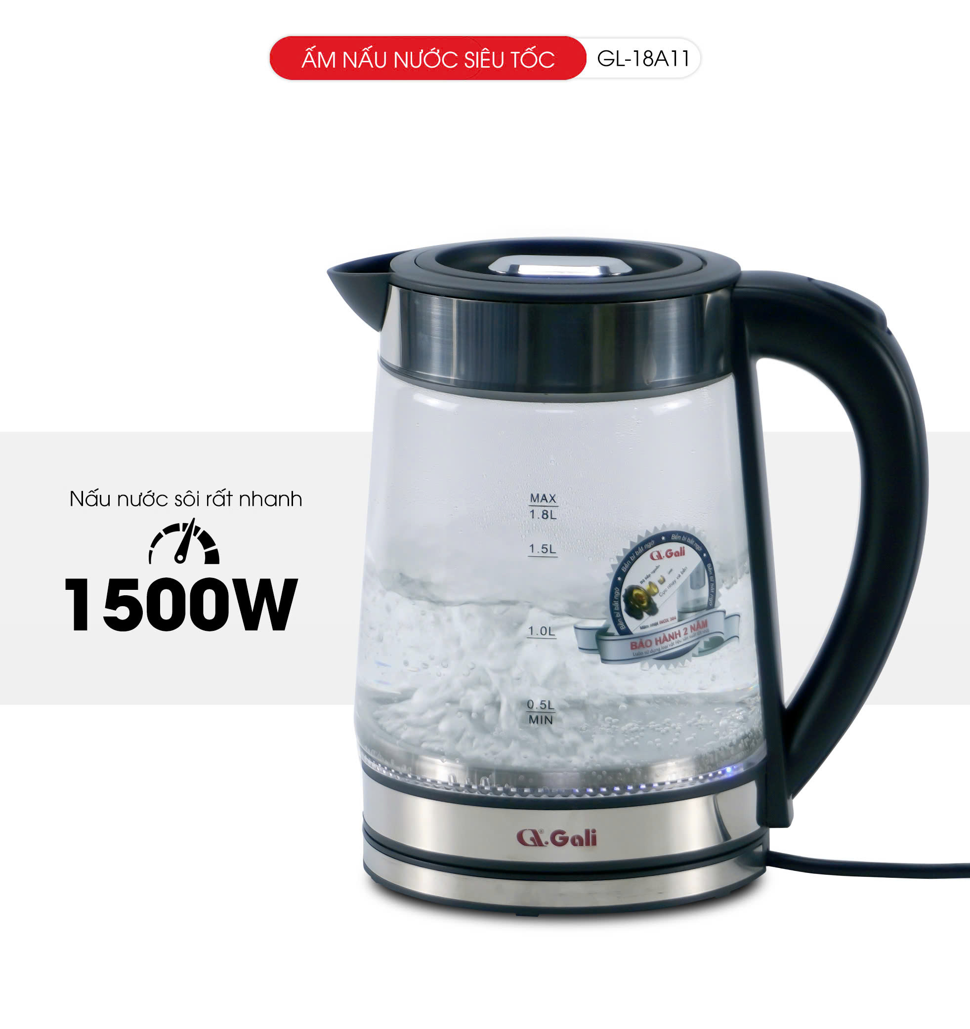 Ấm Nấu Nước Siêu Tốc Thủy Tinh Gali GL-18A11–Dung Tích 1.7L–Lưới Lọc Pha Trà–Mâm Nhiệt Inox 304–Tự Ngắt An Toàn