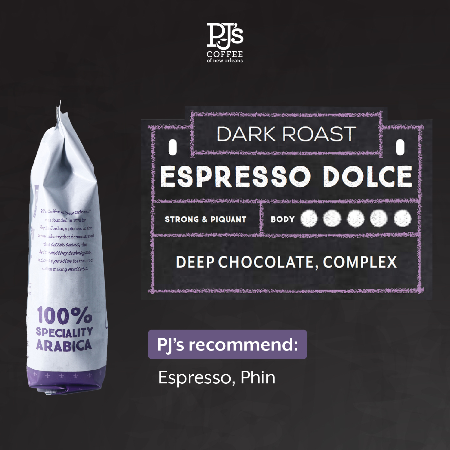 Hình ảnh Espresso Dolce®  Rang Đậm -  PJ’s Coffee Cà Phê Hạt Arabica ,Đậm Vị , Hăng Phức Tạp Từ New Orleans, Mỹ – Gói 454g - Hạt cà phê