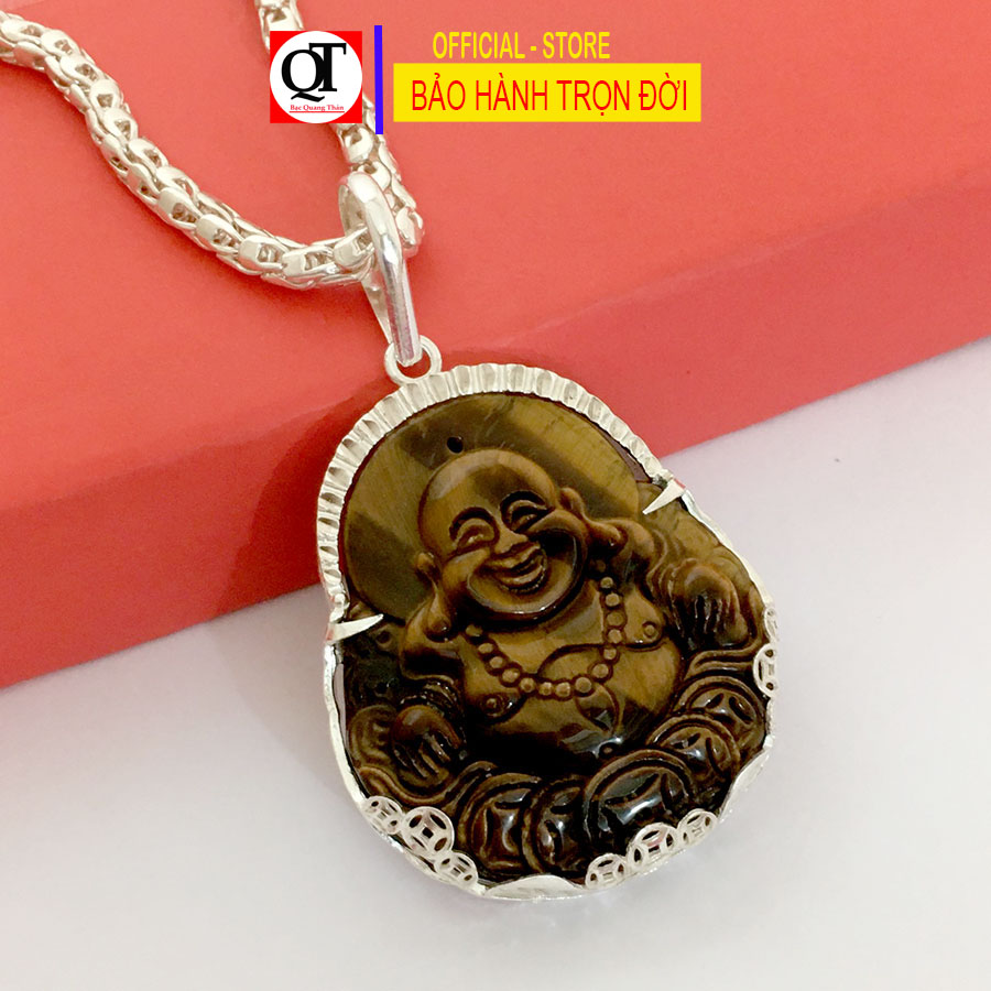 Mặt dây chuyền nam phật Di Lạc cỡ đại đá mắt hổ tự nhiên bọc bạc ta cao cấp trang sức Bạc Quang Thản - QTMDNA15