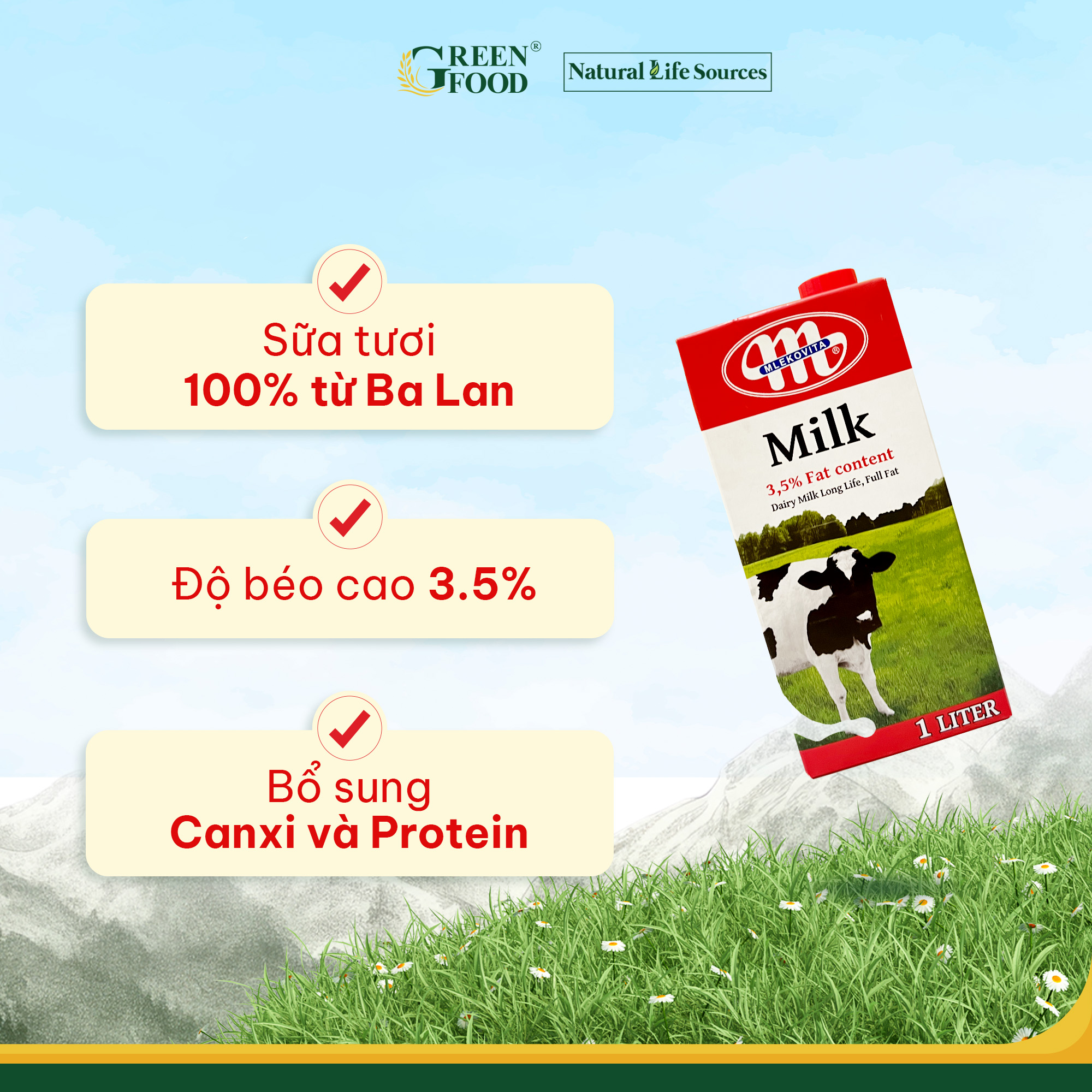 Sữa Tươi Tiệt Trùng Mlekovita Nguyên Kem 1L - Độ Béo 3.5%, Không Đường, Nhập Khẩu từ Ba Lan