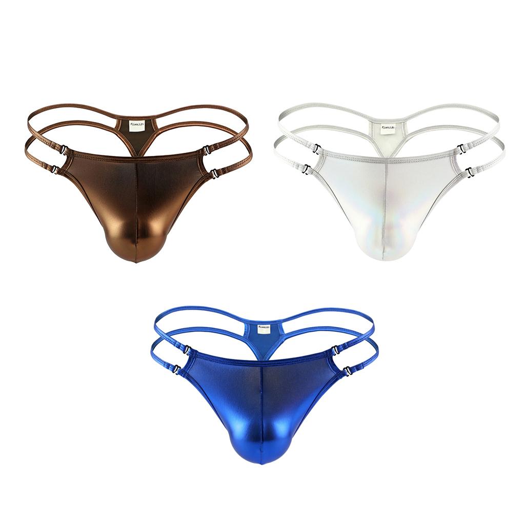 Men's Adjustable Wet Look Briefs Thong Underwear Tangas G-String T-back Blue