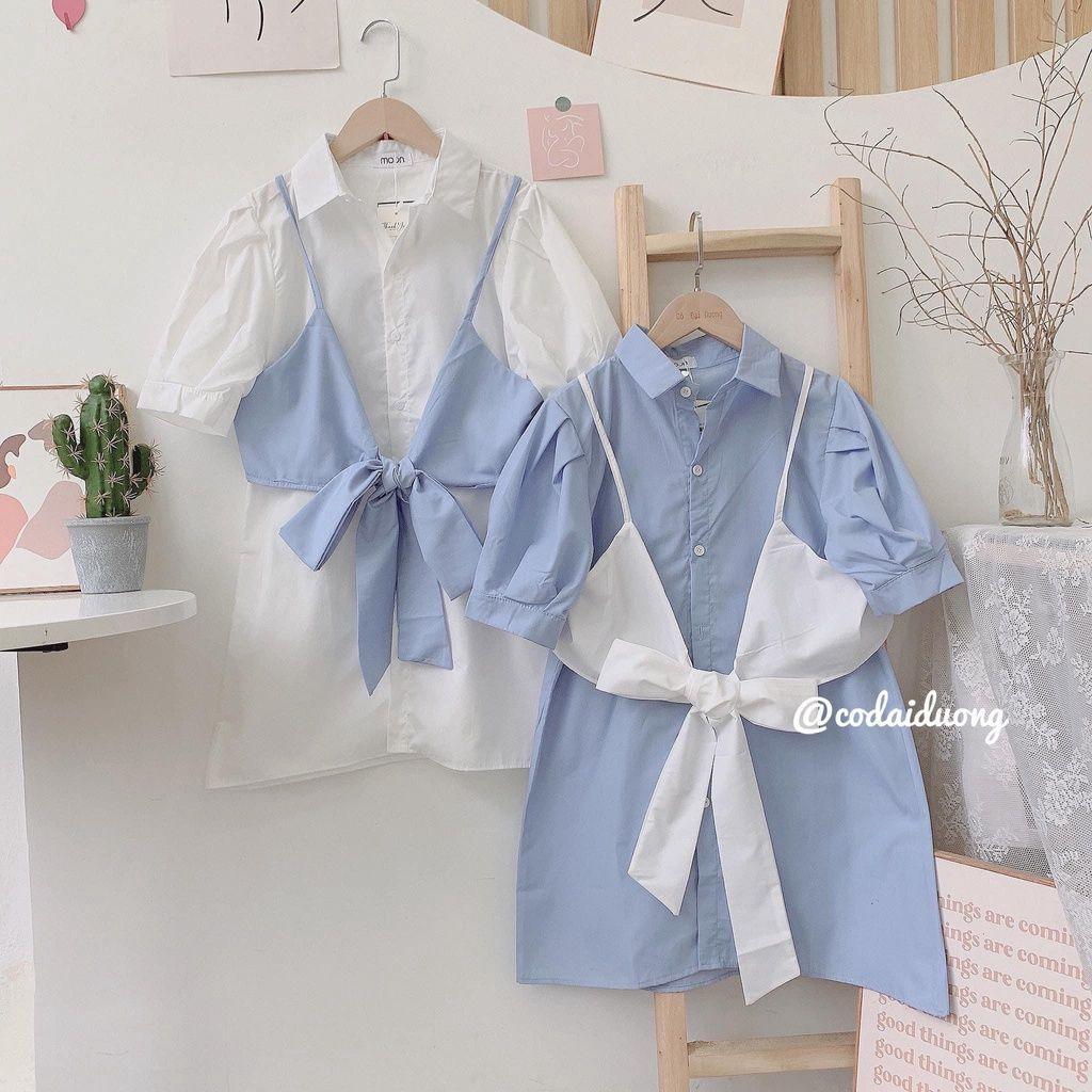 Bộ Đầm Sơ mi Nữ Phối Yếm Nơ Cúc Cài Cộc Tay 3 Màu Q073