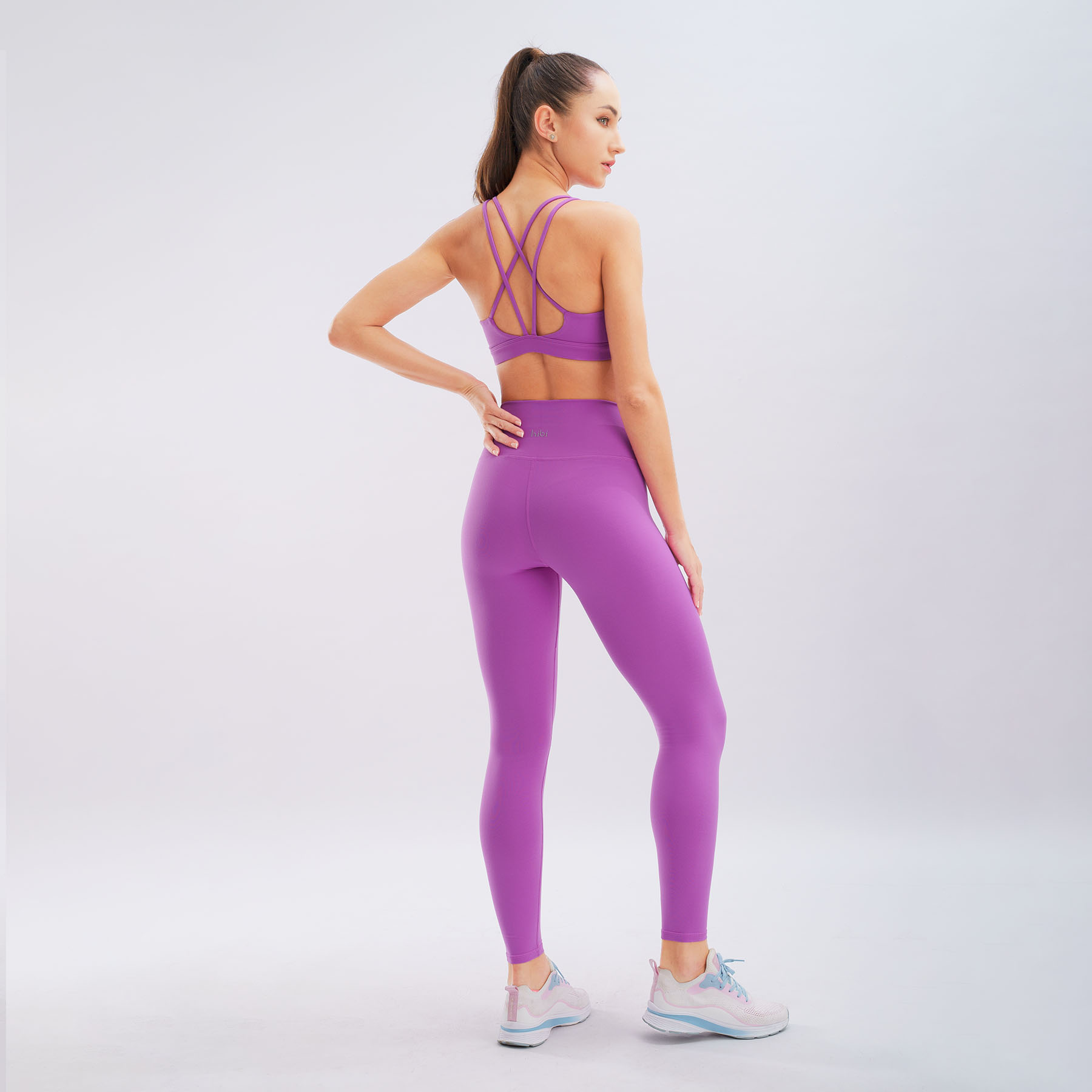 Set đồ tập yoga gym Luxury Hibi Sports H145 4 dây đan VX, màu Tím kèm mút ngực, vải cao cấp Hi Fabric
