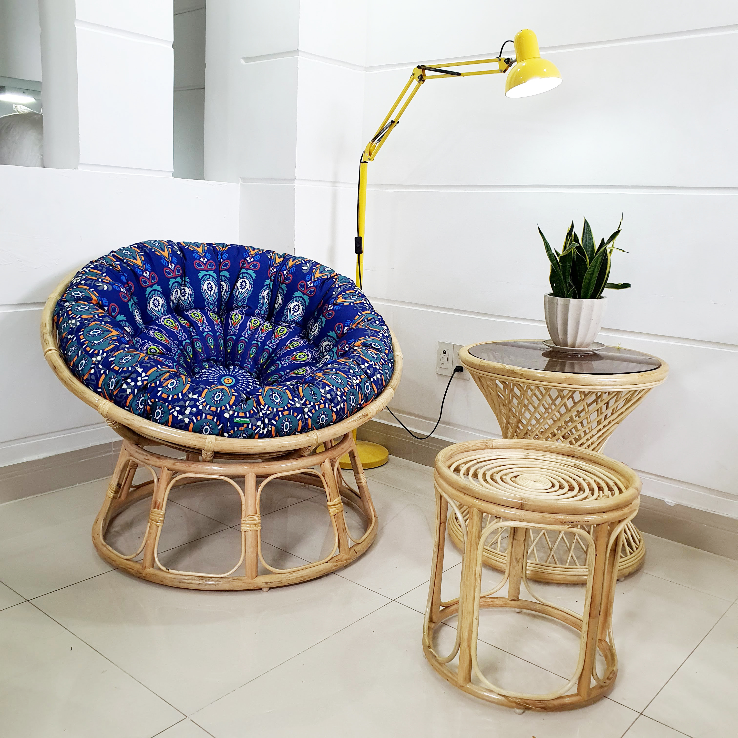 Ghế papasan (vải bố in hoạ tiết) + đôn ghác chân