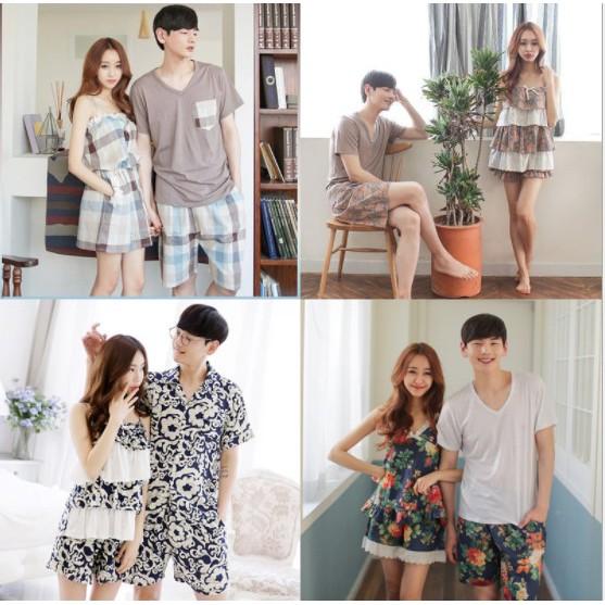 Set đồ ngủ đôi short họa tiết hoa hồng nâu dành cho cặp đôi siêu dễ thương S021