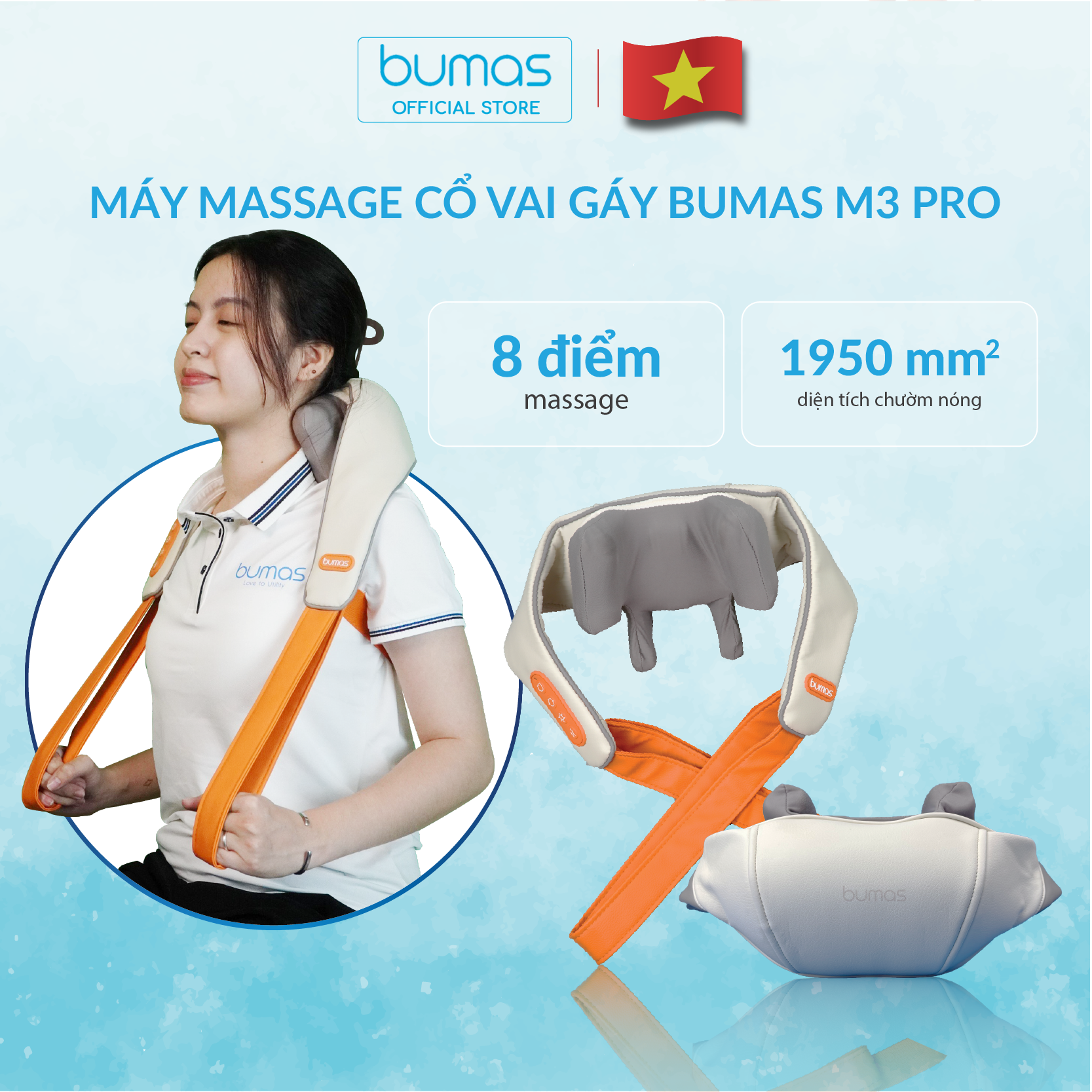 Máy Massage Cổ Vai Gáy Bumas M3 Pro - Nâng Cấp 8 Đầu Massage - Chườm Nóng Hiệu Quả - Động Cơ Không Chổi Than - Hàng Chính Hãng