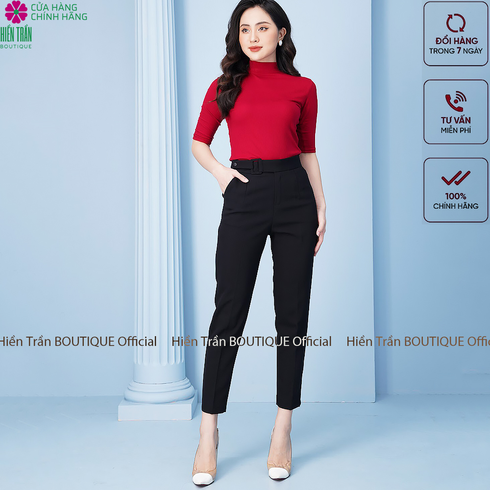 Quần baggy nữ Hiền Trần BOUTIQUE cạp cao form dáng đẹp đồ công sở đai vải vuông cúc lệch