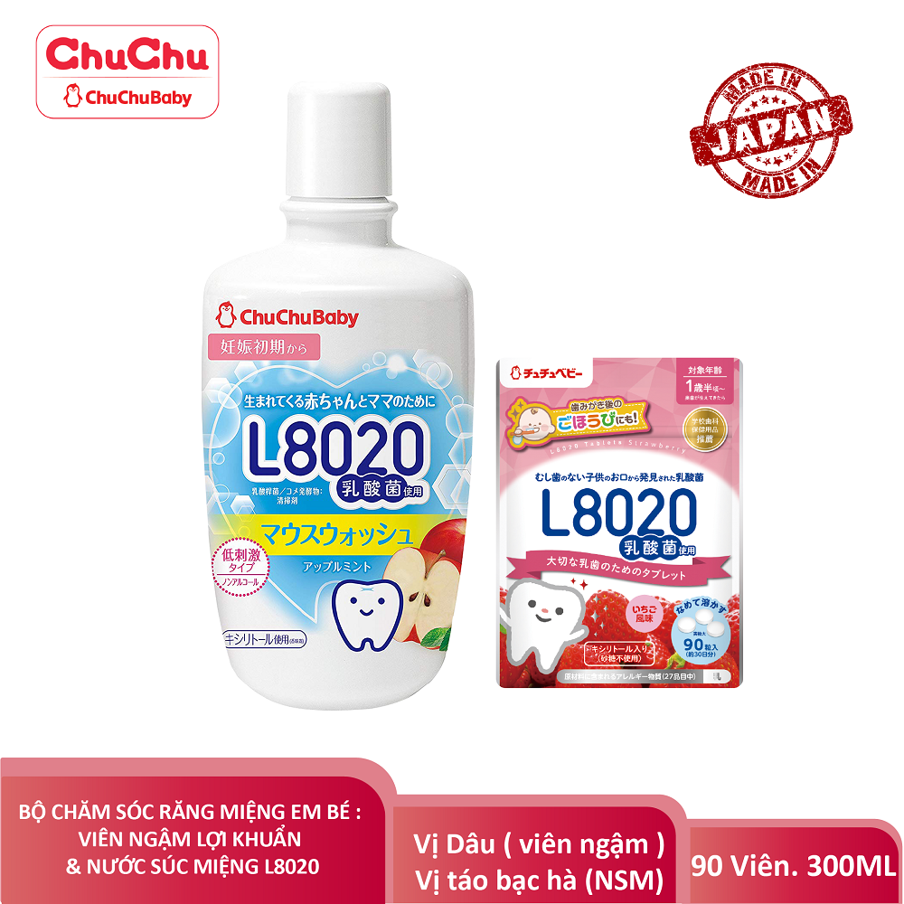 Bộ Chăm Sóc Răng Miệng Cho Bé : Nước Súc Miệng  L8020 + Viên Ngậm Lợi Khuẩn L8020 Chuchubaby Vị Sữa Chua / Dâu / Nho Ngừa Sâu Răng Cho Bé - Mẹ Bầu