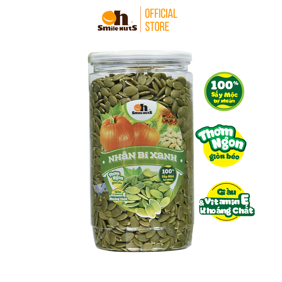 Nhân Hạt Bí Xanh Smile Nuts 265g – 500g  Nhân bí xanh đã nướng nguyên vị, hàng nhập khẩu 100 – Hộp 500g