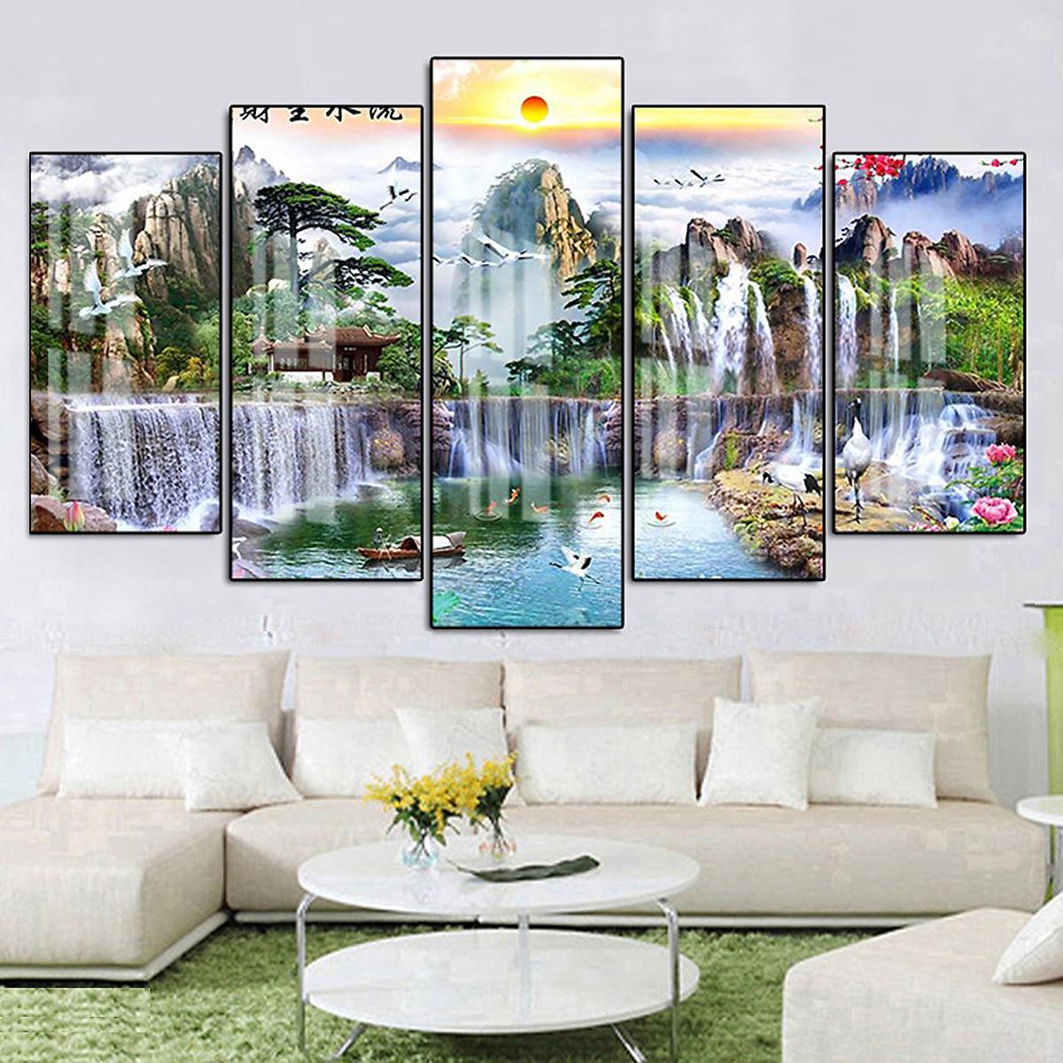 Tranh  Tráng Gương Pha Lê Treo Tường Hiện Đại _ Tranh Bộ 5 Phong Cảnh Sơn Thủy Đẹp