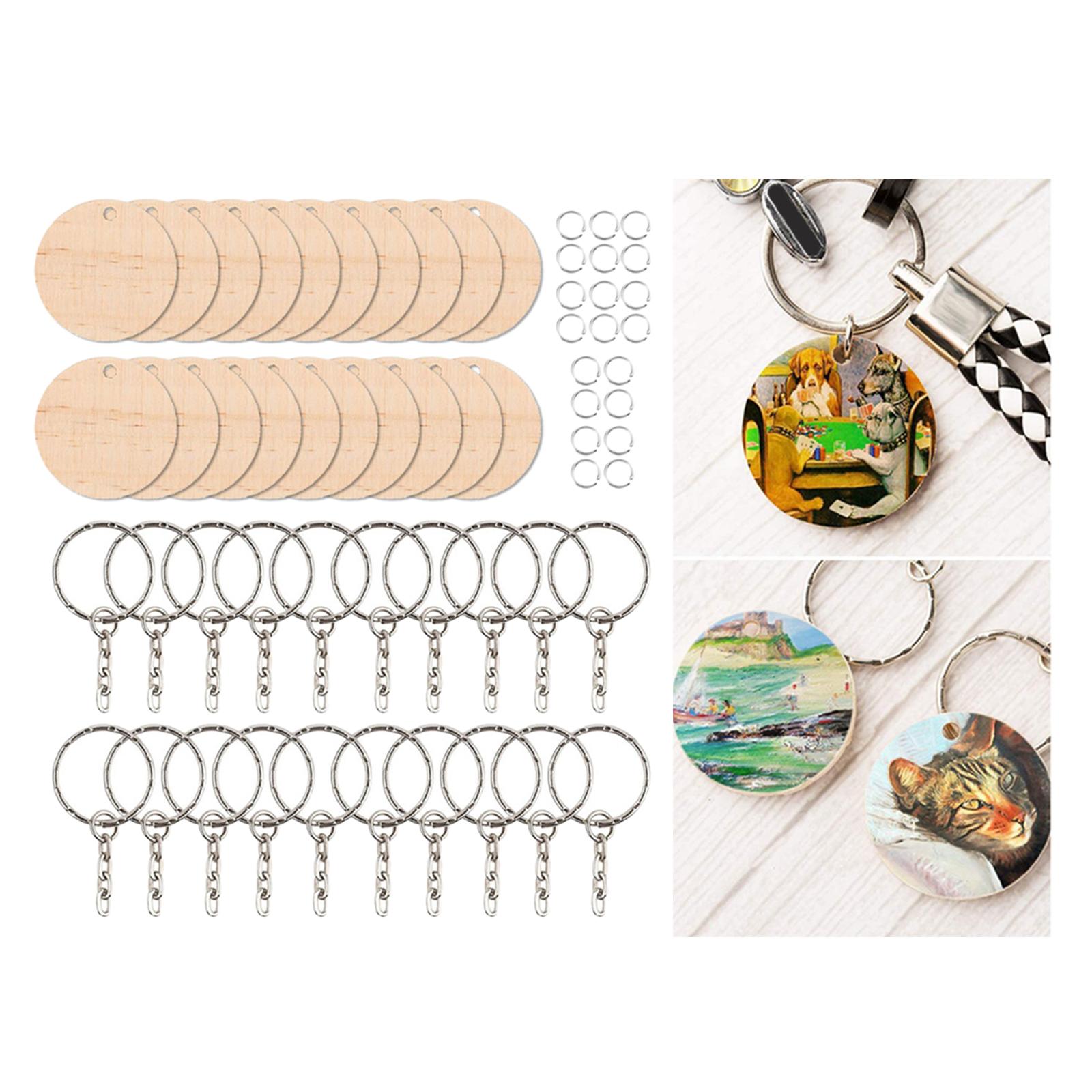 Wooden Keychain Blanks, Round Wooden Slices Pendant Charm Key Chains Blanks and Keychain Pendant Keyring for DIY Key Rings