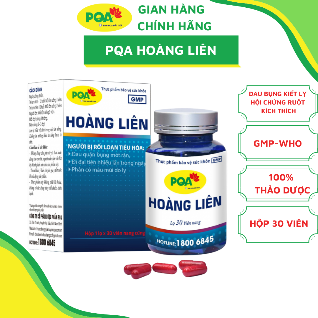 PQA Hoàng Liên là dược phẩm thảo dược có tác dụng ngăn ngừa co thắt ruột, đau bụng do lỵ dùng cho người bị rối loạn tiêu hóa, đau quặn bụng mót rặn.