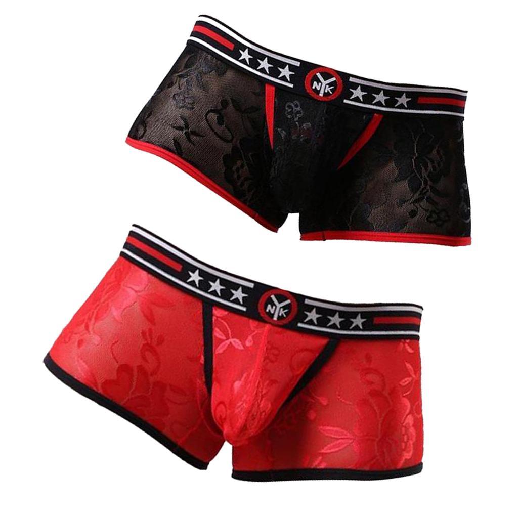 2 Pieces Men's Boxers Sheer Shorts Lace Clubwear Trunks Pouch Underwear XL