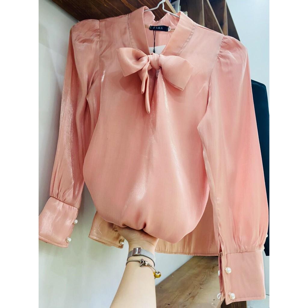 Áo sơ mi nữ công sở áo sơ mi dài tay cổ nơ chất tơ sống siêu xinh thời trang Banamo áo tống cổ nơ 391