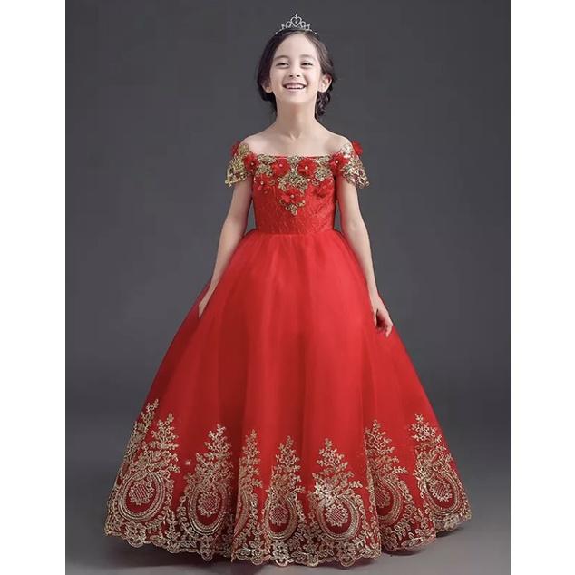 Váy Đầm Công Chúa Bé Gái Đỏ Chân Ren Vàng CC124