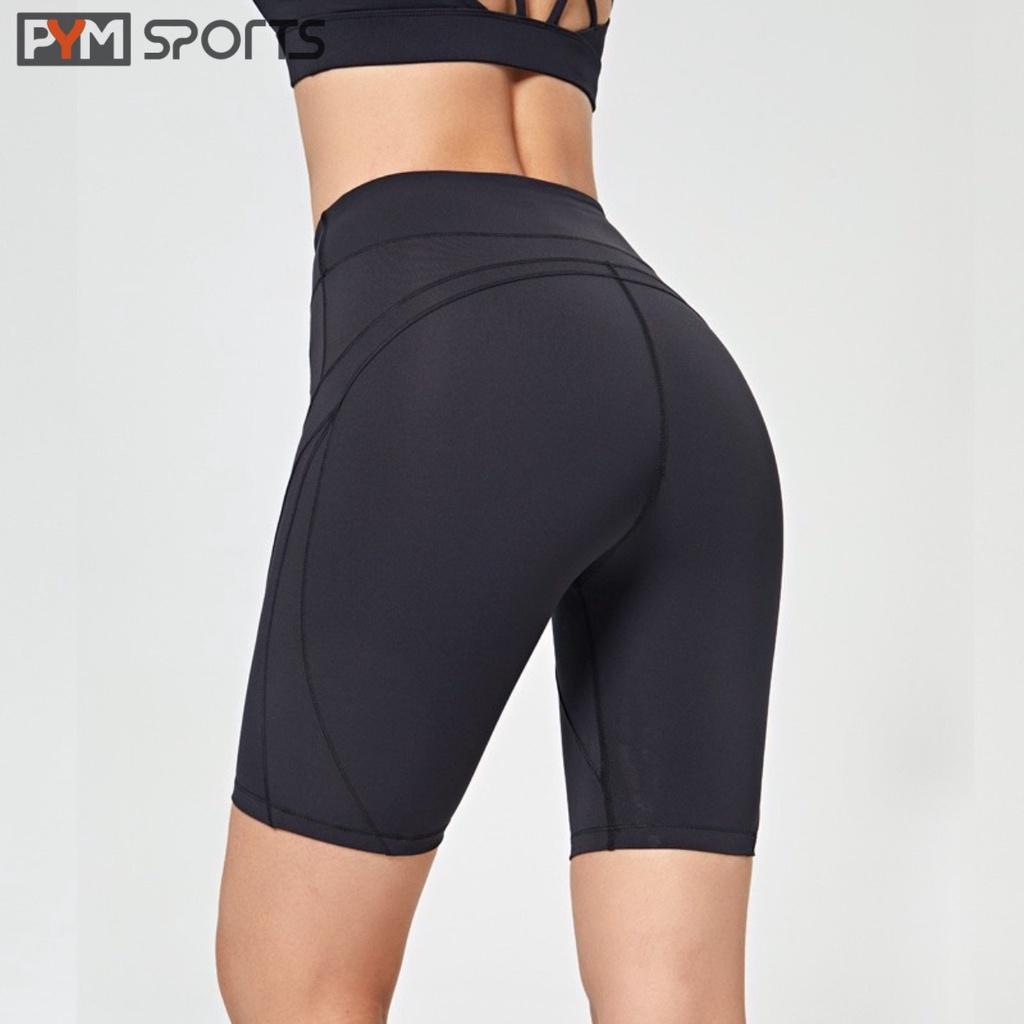 Quần legging đùi tập gym yoga PYMSPORT - PYML029 thun cạp cao, dáng ôm bó, 4 màu đen, tím, ghi, hồng