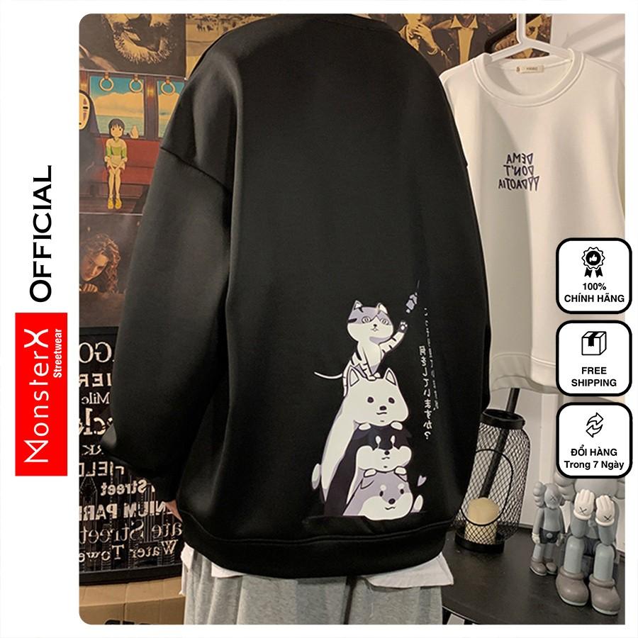 Áo dài tay NỈ BÔNG Unisex MonsterX 4 mèo lưng Sweater Ulzzang cặp đôi nam nữ form rộng oversize Hàn Quốc