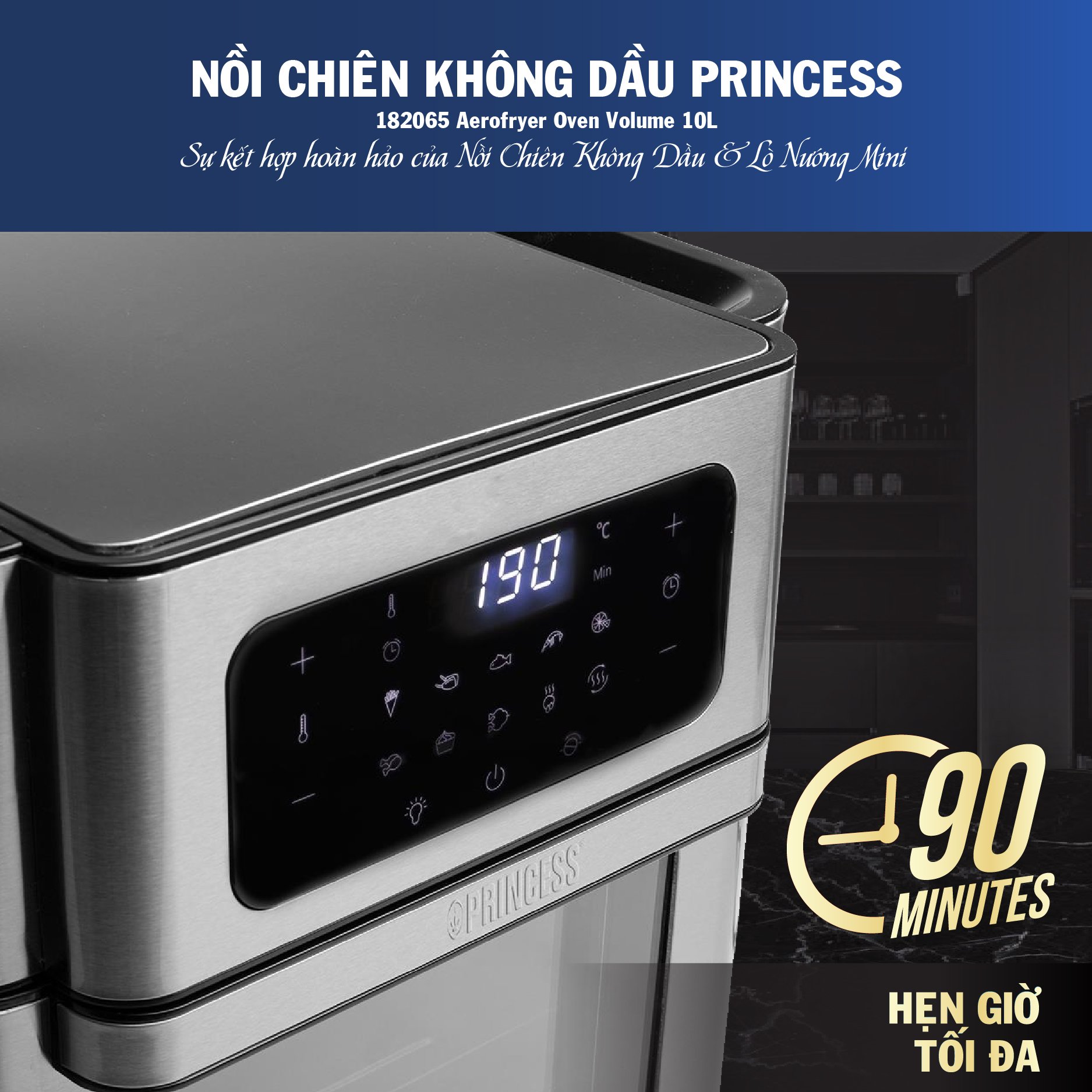 Lò Chiên Không dầu Princess 182065 Aerofryer Oven Volume – 10L- Hàng Chính Hãng