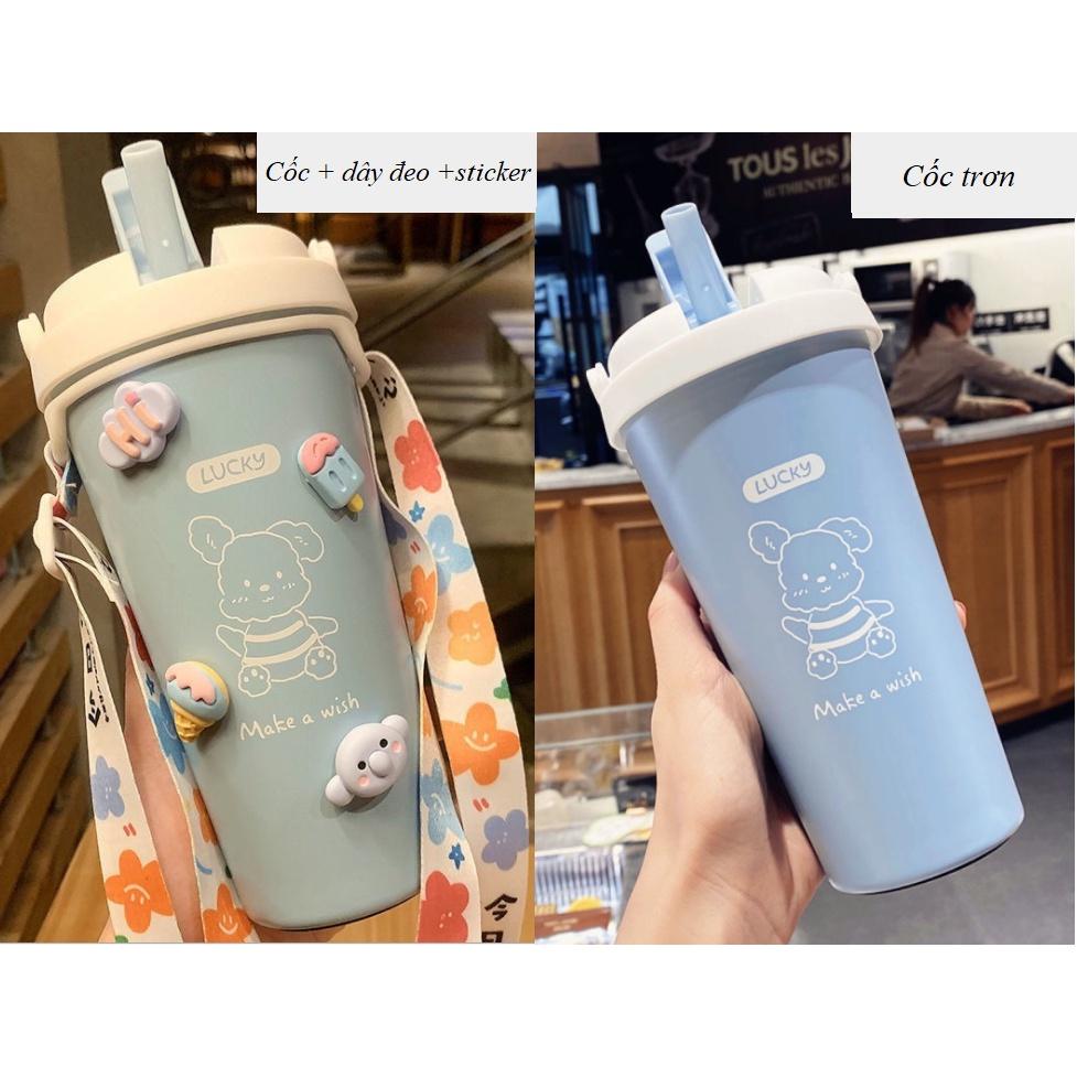 Bình giữ nhiệt, Ly giữ nhiệt 500ml, bình đựng nước cute có ống hút, dây đeo và sticker