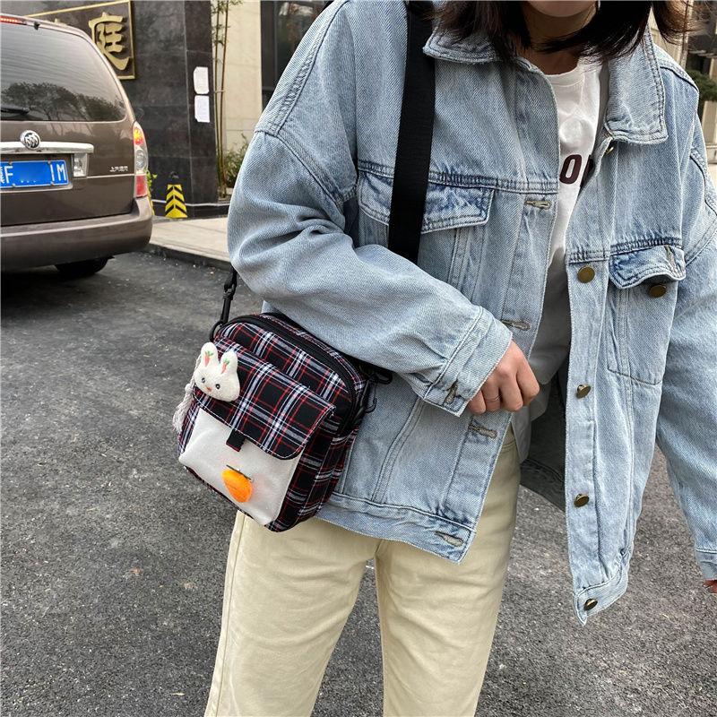 Canvas Bag All-Match Messenger Bag Cartoon Cute Plaid Shoulder Bag Fashion
