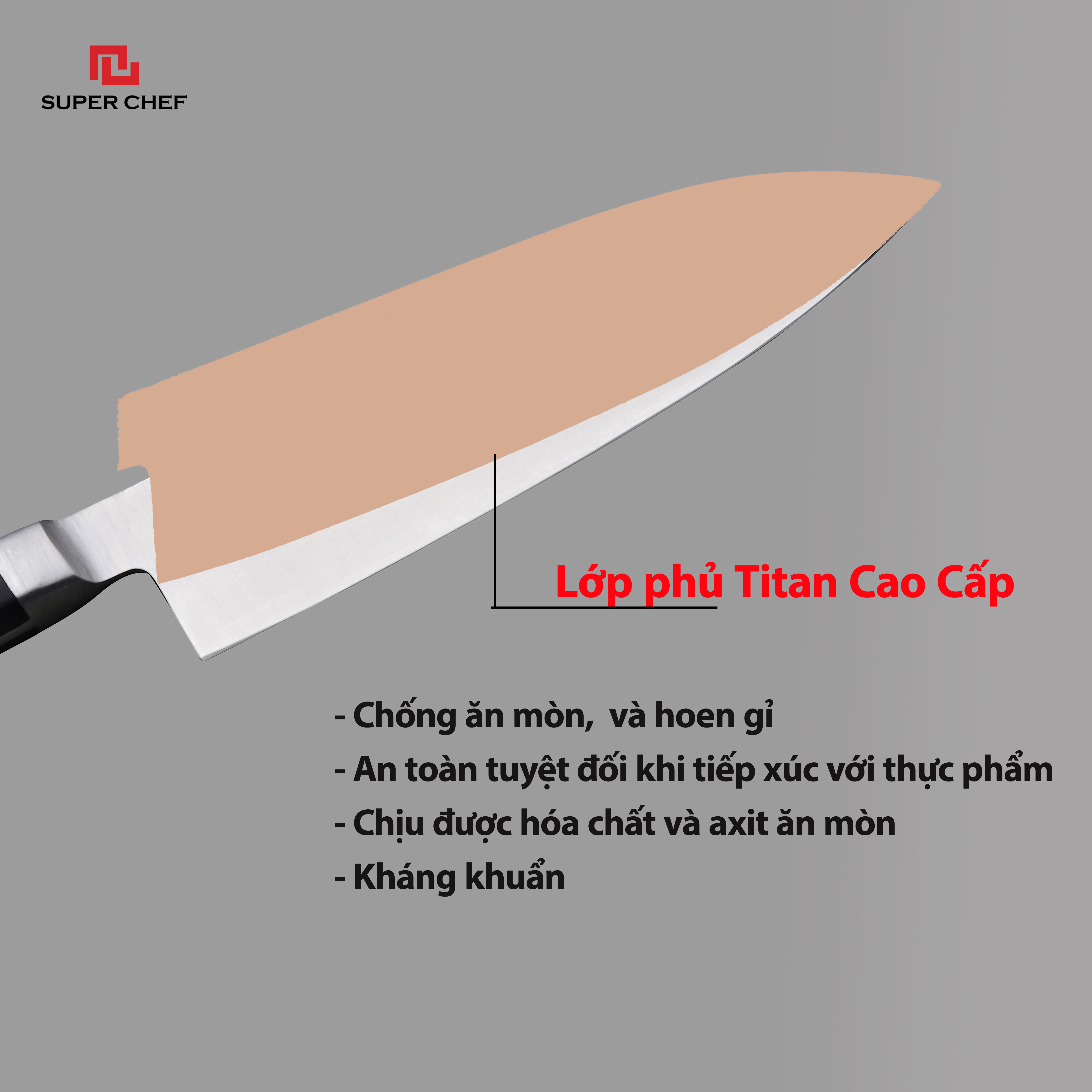 Bộ Dao Bếp Mạ Titan (5 cái) Cao Cấp Chính Hãng Super Chef Bằng Thép Không Gỉ, An Toàn Sức Khỏe, Sắc Bén, Siêu Bền Bỉ Lâu Cùn,Đa Năng Siêu Tiện Lợi Kèm Theo Giá Đỡ Dao Sang Trọng