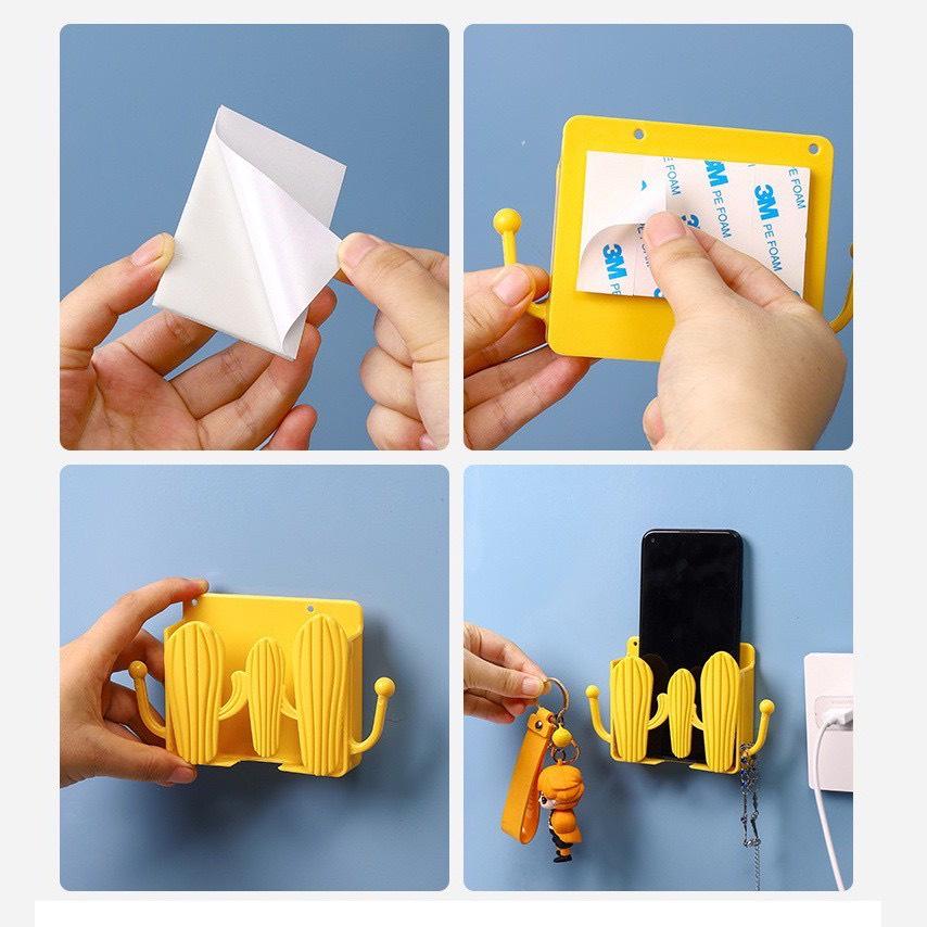 Kệ Dán Tường Hình Xương Rồng Có Tai Để Remote, Đồ Dùng / Giá Đỡ Sạc Điện Thoại - Có Móc Treo Chìa Khóa, Dây Sạc