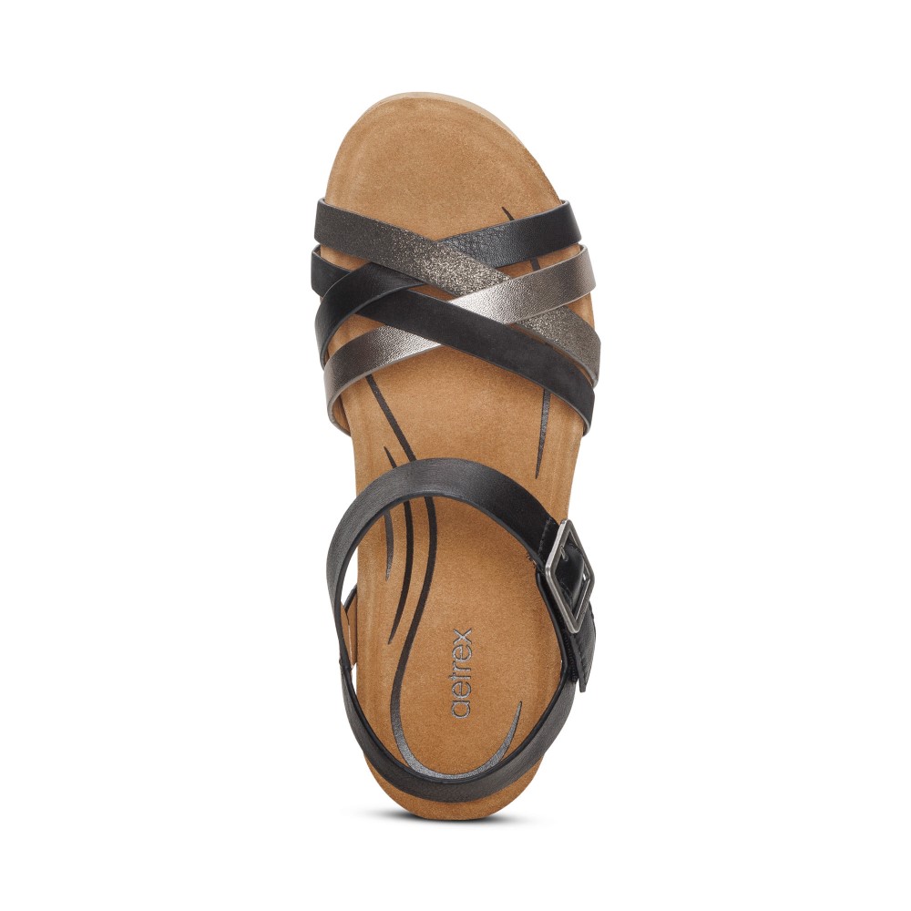 Sandal sức khoẻ nữ Aetrex Noelle Black - giày cao gót 5p đệm da, nâng vòm giảm đau chân