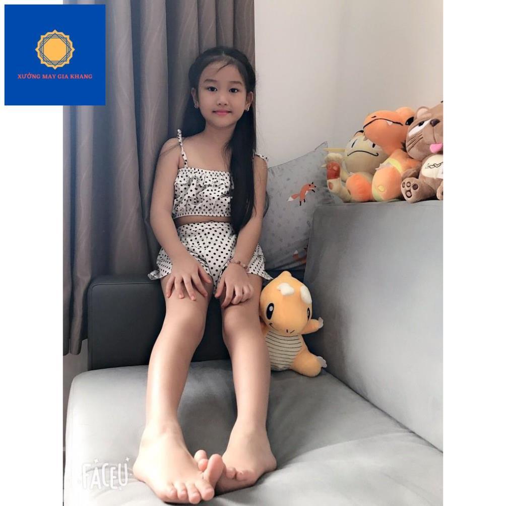 Đồ bộ quần áo bé gái lụa chấm bi mát mẻ, áo dây lửng sành điệu, duyên dáng - Quần áo trẻ em .