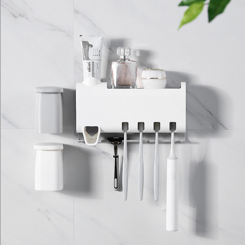 KỆ ĐỂ BÀN CHẢI ĐÁNH RĂNG VÀ NHẢ KEM ĐÁNH RĂNG TỰ ĐỘNG KÈM 2 CỐC VUÔNG HÚT TỪ TÍNH GẮN NGOÀI